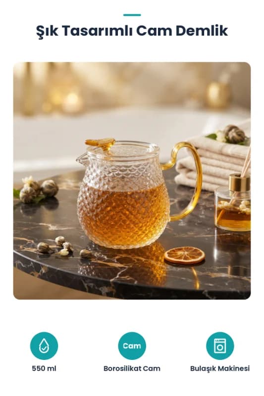 Şık Tasarımlı Cam Demlik - 550 ml - Borosilikat Cam