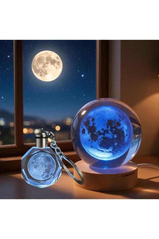 Dolunay Tasarımlı Işıklı Cam Küre - Kristal Anahtarlık Seti - Renk Değiştiren Gece Lambası