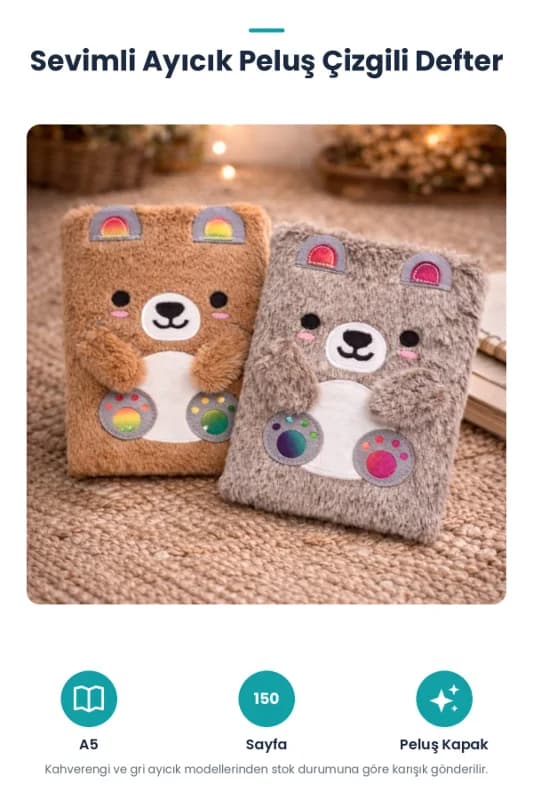 Sevimli Ayıcık Peluş Çizgili Defter