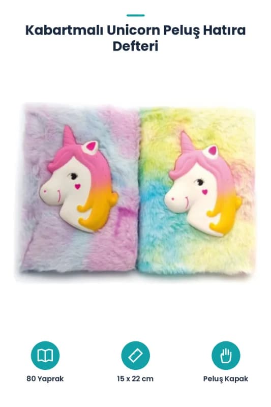 Kabartmalı Unicorn Tasarımlı Peluş Hatıra Defteri