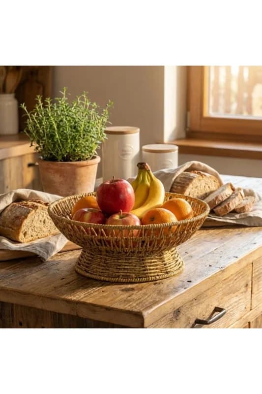 ® 25 cm Plastik Rattan Servis Çanağı – Doğal Hasır Görünümlü Dekoratif