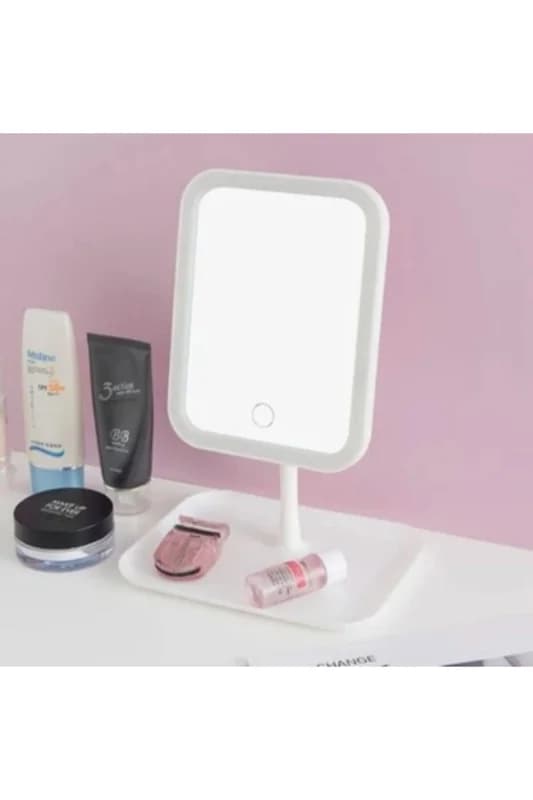 ® Dokunmatik LED Işıklı Kare Makyaj Aynası – Altı Organizer Kaseli, Ayarlan