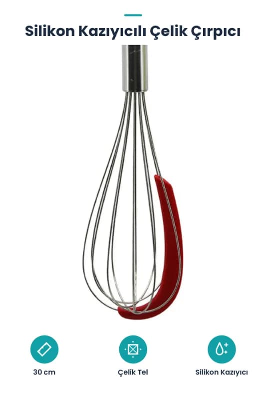 Krom Saplı Çelik Metal Çırpıcı - Renkli Silikon Kazıyıcılı - 30 cm