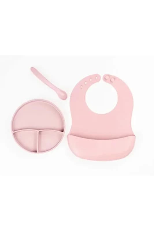 Pembe 3 lü Silikon Yemek Seti - Önlük + Diş Kaşıyıcılı Kaşık + Vakumlu Tabak