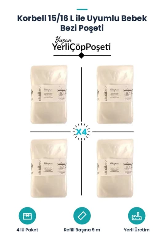 Korbell 15/16l Uyumlu Yerli Bebek Bezi Çöp Poşeti 4lü