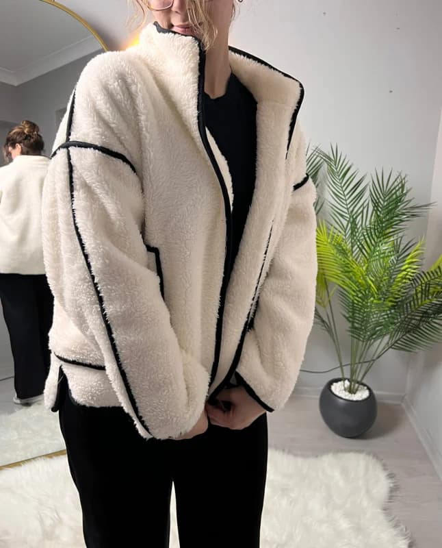 Snow Teddy Siyah Biyeli Dik Yaka Oversize Peluş Ceket - 8808 LİMONX