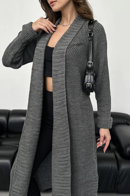 Şal Yaka Model Kuşaklı Uzun Triko Hırka