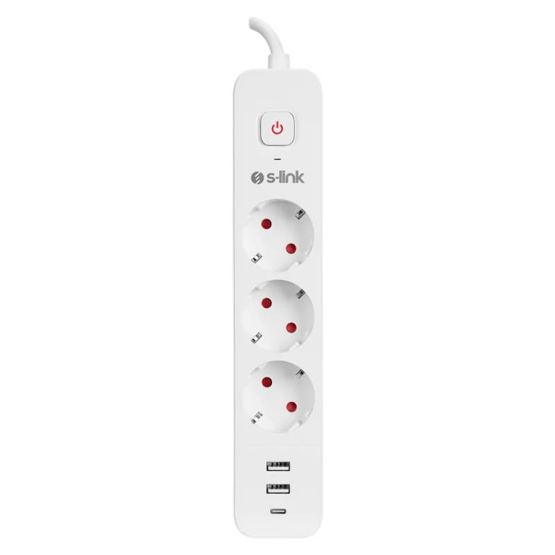 S-LINK SPG03TC, 3 Soket, Akım Korumalı Priz, 1x Type-C, 2xUSB 5V 4A, 1.5Mt %100 Bakır 1mm Kablo, 750 Joule (Beyaz)