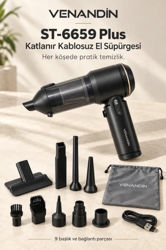 ST-6659 PLUS Kablosuz Araç Süpürgesi 16000 Pa, 100W, 3 Kademeli, 200 ml