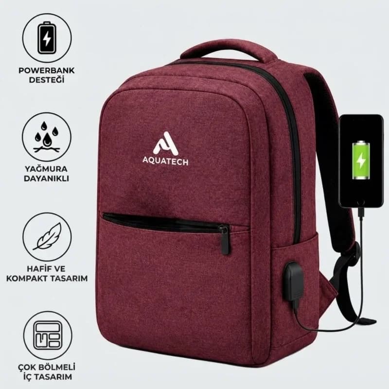 Ergonomik Bordo Renkli Laptop Sırt Çantası USB Şarj Portlu