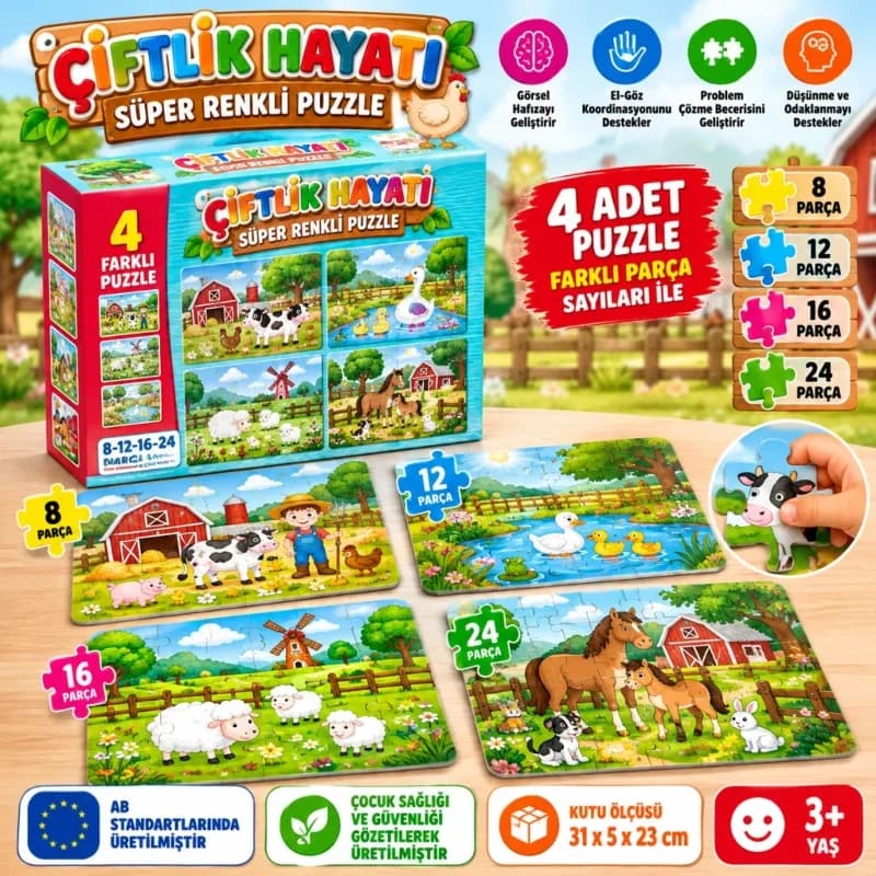 Renkli Çiftlik Puzzle 4'lü Set