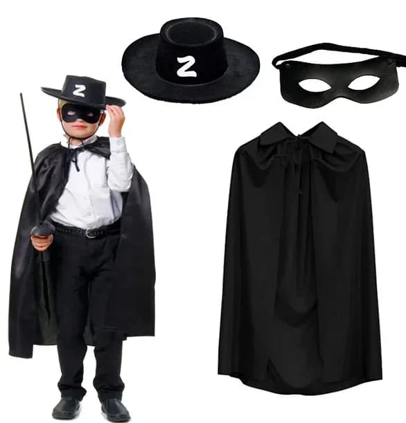 Çocuklar İçin Zorro Pelerini Şapkası ve Maske Seti 90 cm