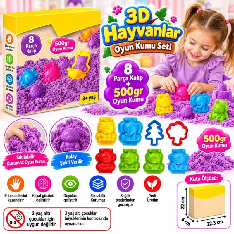 Eğlenceli 3D Hayvanlar Kum Seti 500 gr +3 Yaş