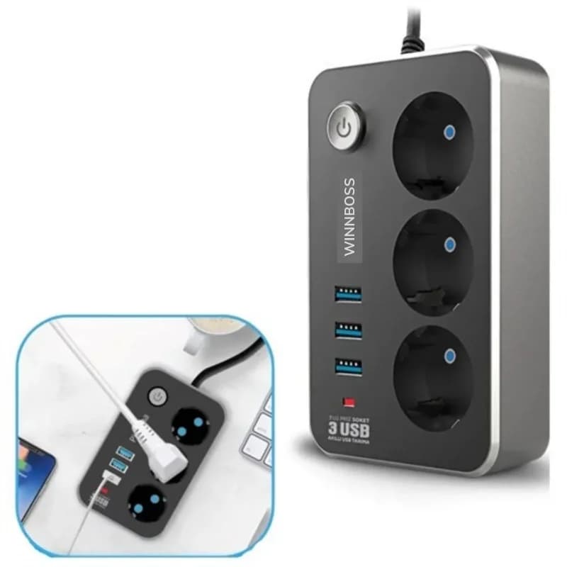 Yüksek Kaliteli Isıya Dayanıklı 2 Metre 10 A 2500 W 3 lü Priz ve 3 USB Uzatma Kablosu
