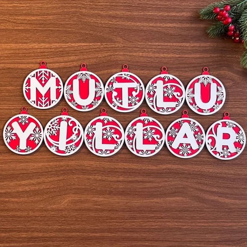 Eşsiz Tasarım Kırmızı Beyaz İpli Ahşap Yılbaşı Ağaç Süsü