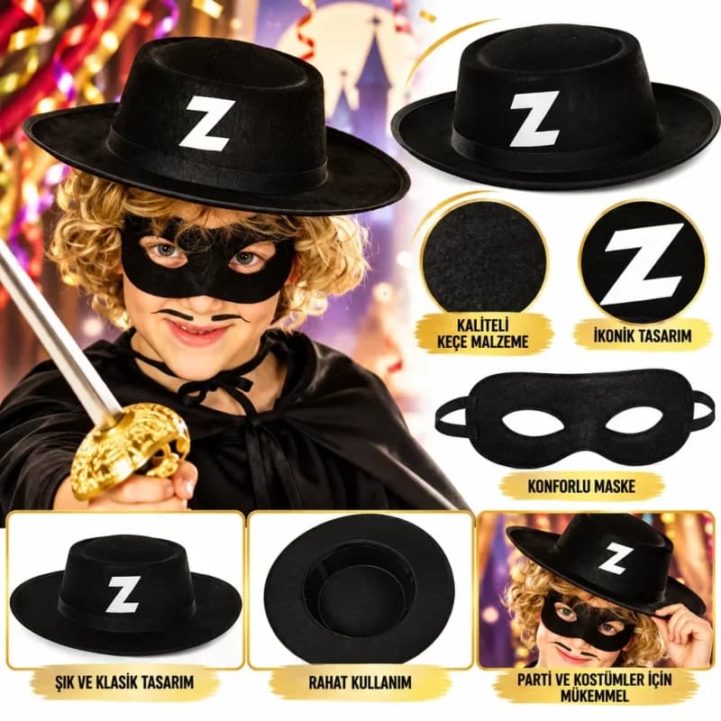 Zorro Maskesi ve Şapkası Seti Çocuklar İçin Eğlenceli Aksesuar
