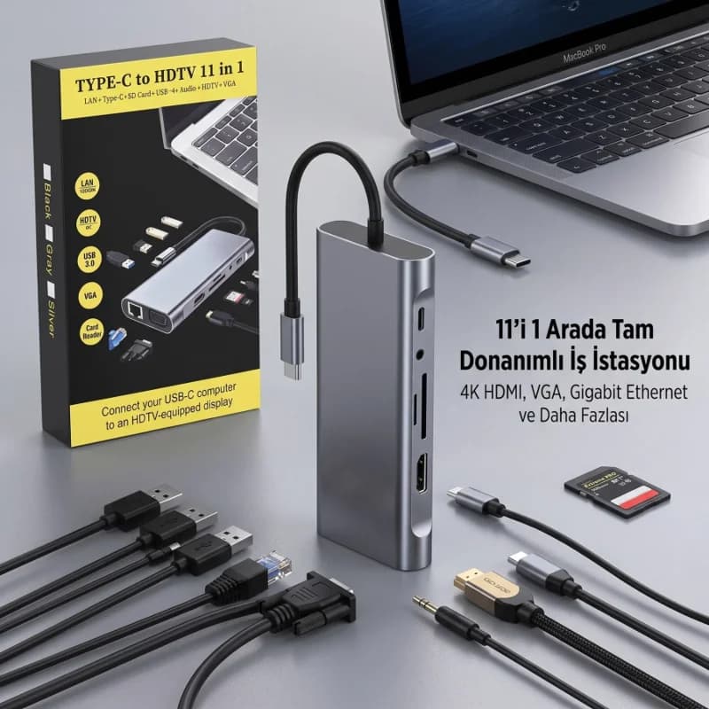 Ergonomik 11 Fonksiyonlu Type-C HDMI USB Çoklayıcı Adaptör