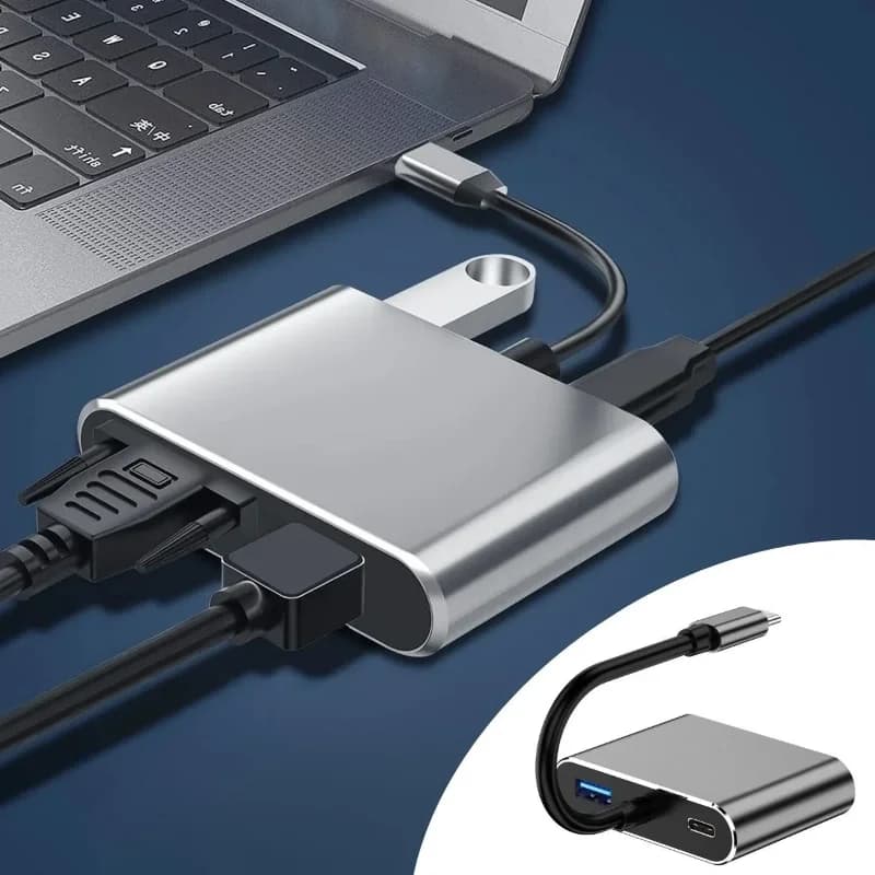 Ultra Hızlı 4 Portlu Type-C Hub Adaptör - 4 K HDMI ve VGA Çıkışı