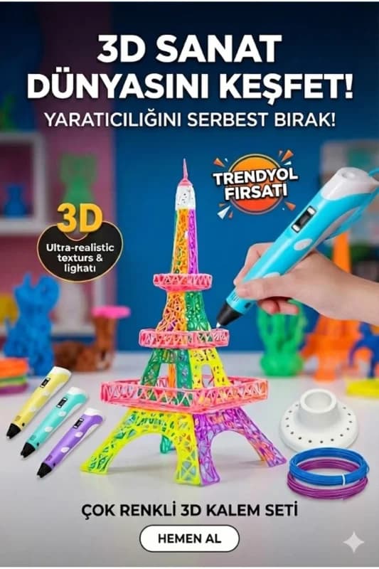 Eğitici 3 D Yazıcı Kalem Seti Mavi Renkli Filament Hediyeli