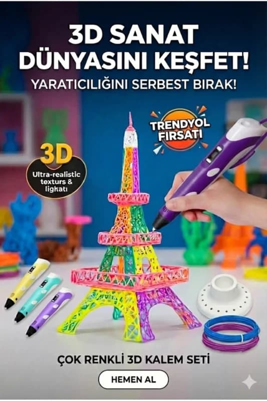 Eğitici 3 D Yazıcı Seti Mor Renkli Filament ve Dijital Ekran ile