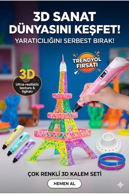 Eğitici 3 D Yazıcı Seti Pembe Renkli Filament ve Dijital Ekran ile