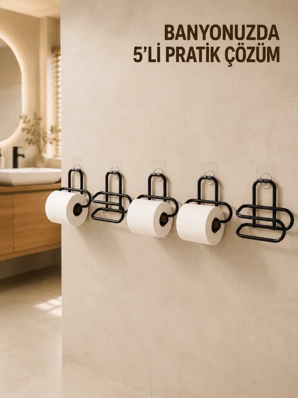 5 Adet Duvara Yapışkanlı WC Kağıtlık Delmeden Montaj Siyah Metal Tuvalet Kağıdı Askısı