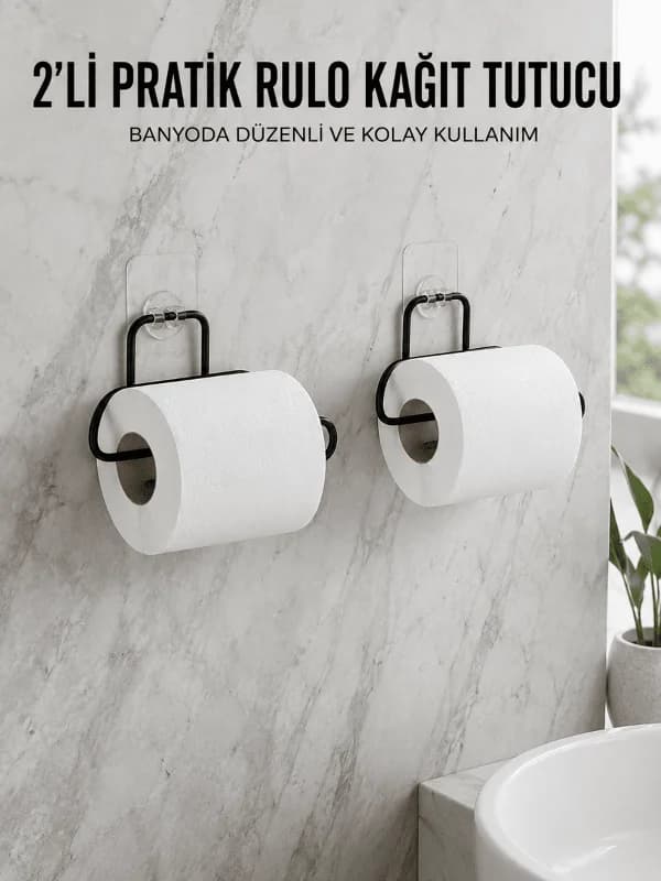 2 Adet Siyah Yapışkanlı Kağıtlık Duvar Tipi Tuvalet Kağıdı ve Rulo Tutucu