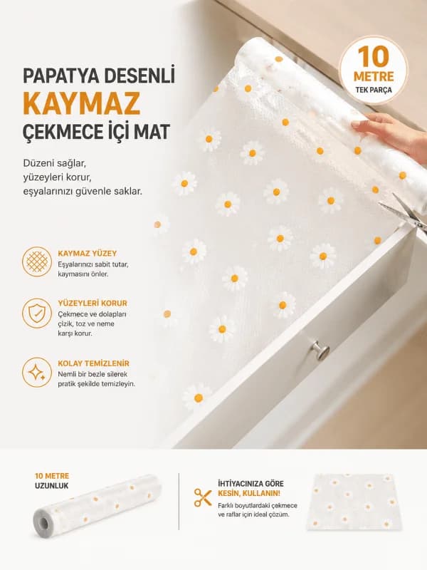 Papatya Desenli Kaymaz Dolap Ve Çekmece İçi Mat 10 Metre