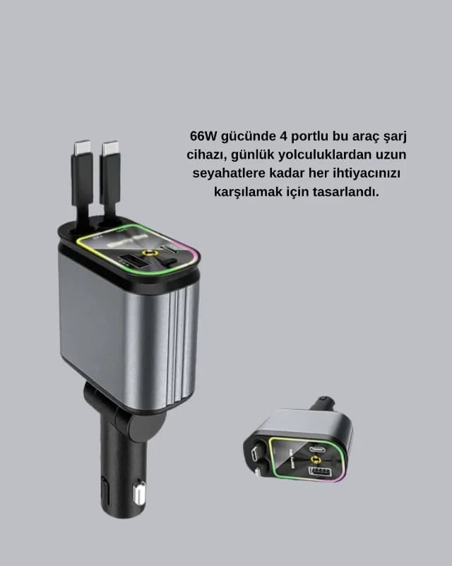 Hızlı Şarj Cihazı 66w 4 Portlu Araç İçi Led Işıklı