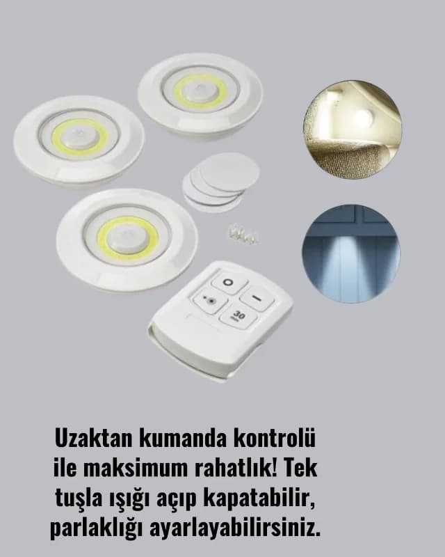 Uzaktan Kumandalı 3'lü Kablosuz Led Spot Lamba Seti