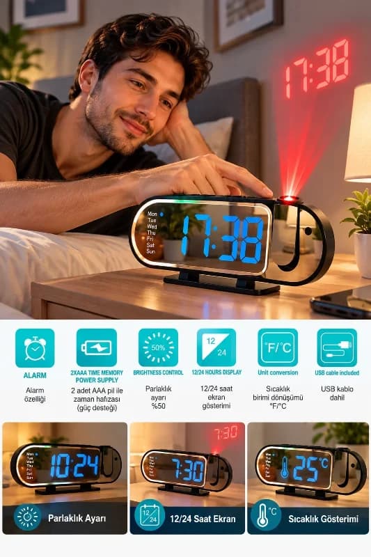 Şık Modern Dijital Led Masa Saati 12 24 Saat Seçenekli