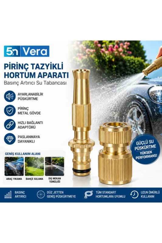 5N VERA Pirinç Basınçlı Hortum Başlığı Seti | Ayarlanabilir Tazyikli Su Tabancası ve Hızlı Hortum Adaptörü | Bahçe Sulama Araç Yıkama Aparatı