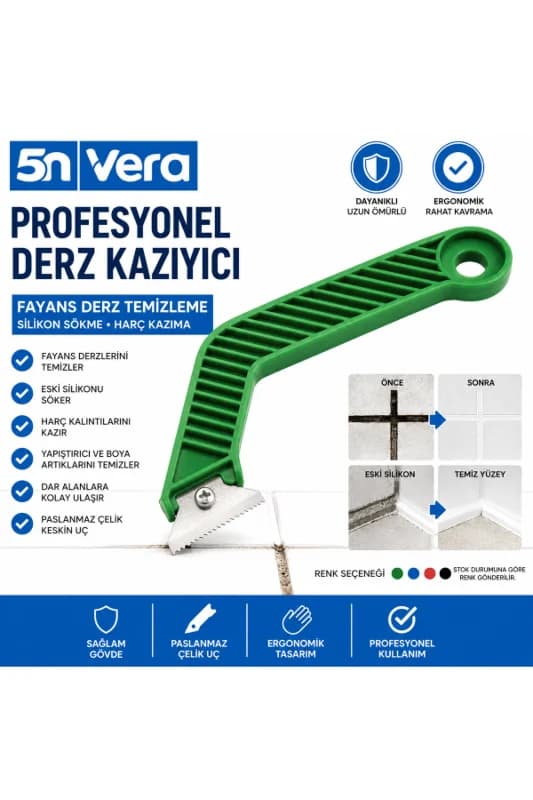 5N VERA Profesyonel Derz Kazıyıcı | Fayans Derz Temizleme Aparatı | Silikon Sökme ve Harç Kazıma El Aleti | Paslanmaz Çelik Uç
