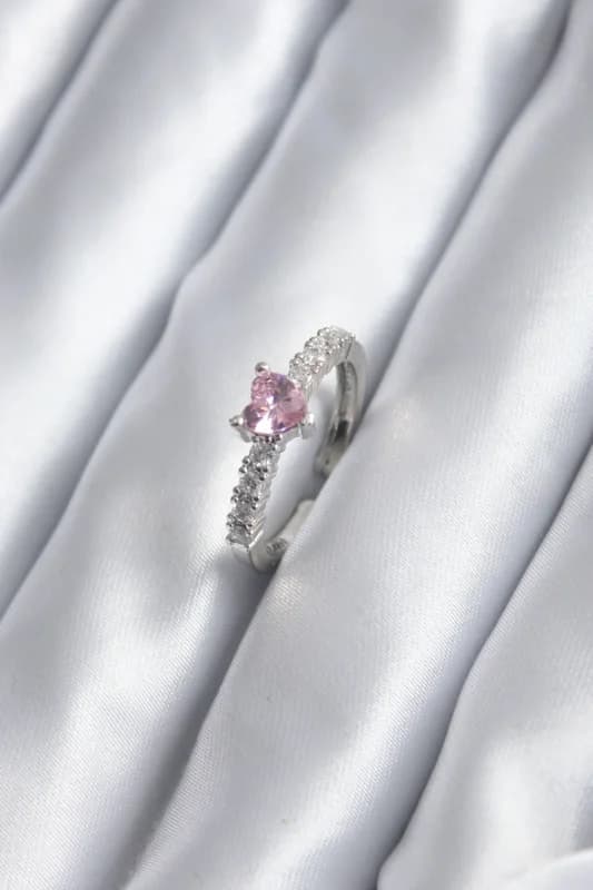 Zirkon Taşlı Pembe Kristal Kalp Yüzük