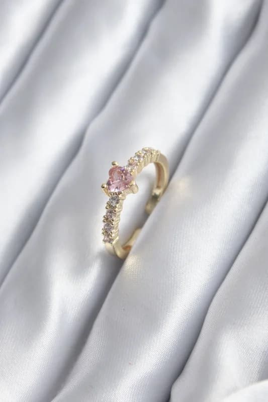 Pembe Kristal Kalp Yüzük Gold Renk Zirkon Taşlı