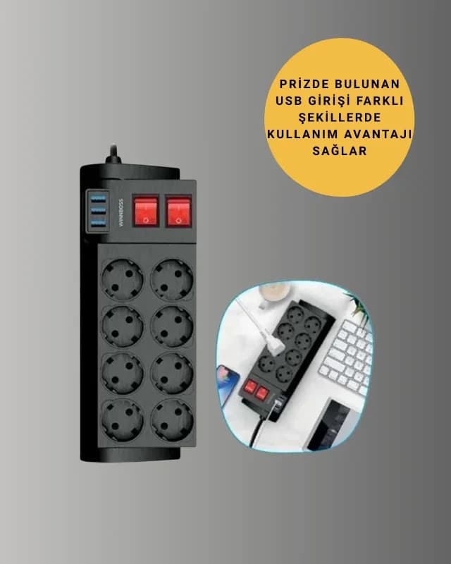Fonksiyonel 8'li Priz Uzatma Kablosu 2 Metre