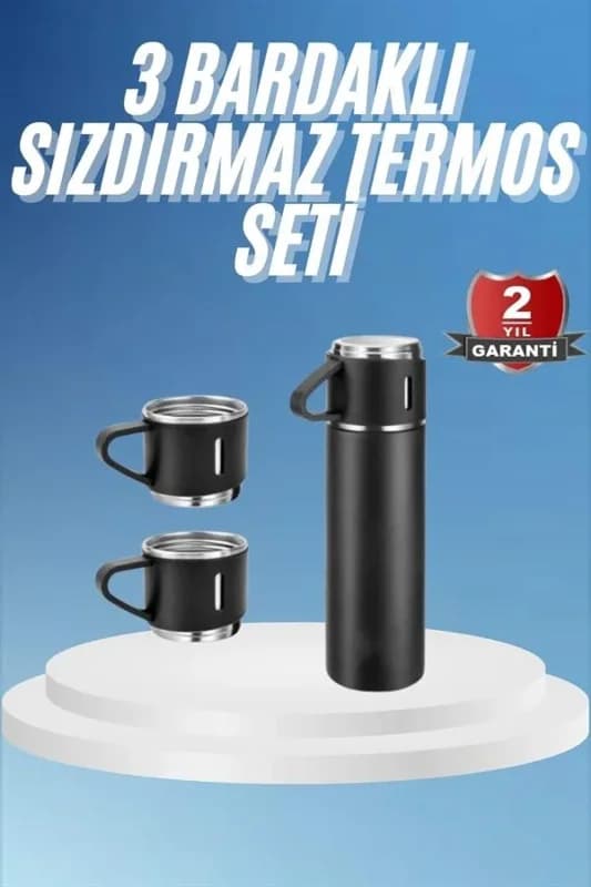 Siyah Renkli Paslanmaz Çelik Termos Seti 3 Bardaklı