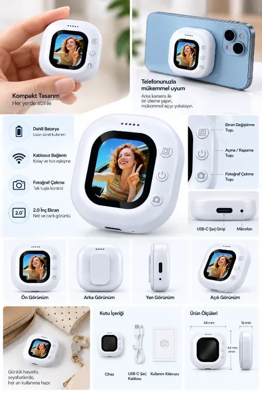 Kompakt Mini Selfie Ekran 2.0 İnç Kablosuz Bağlantı