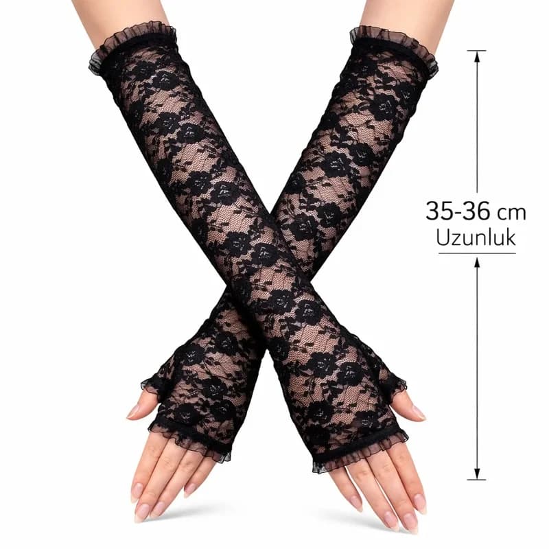 Şık Uzun Dantel Eldiven Parmaksız 35 Cm Siyah