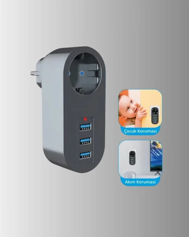 Güvenli Priz 3 Usb Çıkışlı Termal Koruma İle Akıllı Dengeleme