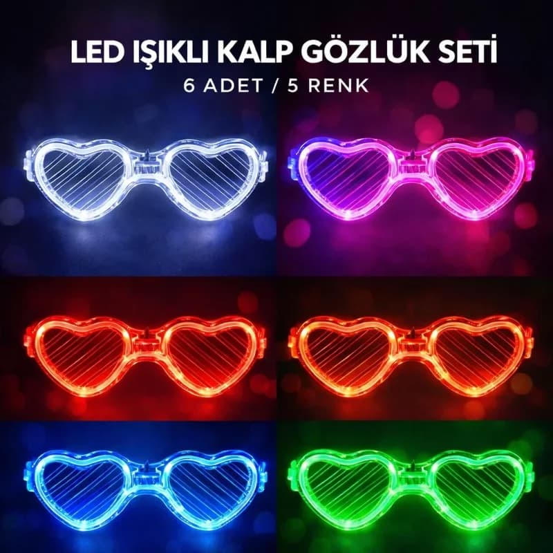 Eğlenceli Led Işıklı Kalp Gözlük Seti 6 Adet 5 Renk