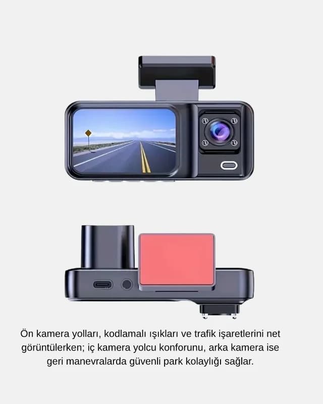 Geniş Açılı Üç Kameralı Dash Cam 170° Full Hd Gece Görüş