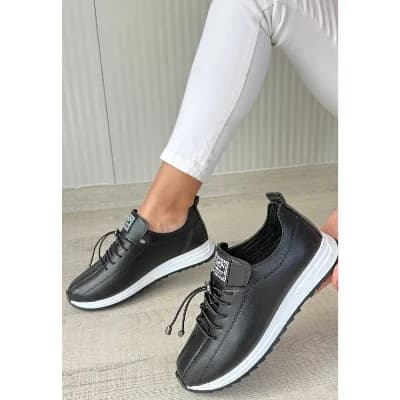 Pabucmarketi Siyah Suni Deri Bağcıklı Kadın Sneaker Ayakkabı