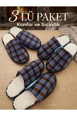İçi Tüylü Ekose Desen 3lü Paket Kışlık Erkek Ev Terliği Çeyiz Misafir Terliği