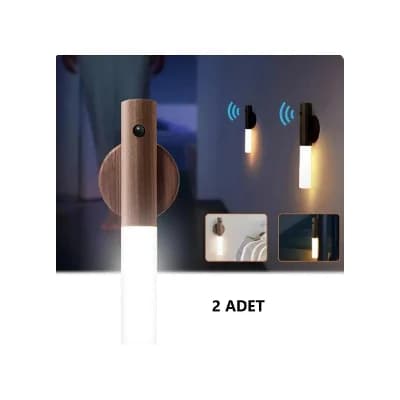 2 Adet Şarjlı LED Ahşap Renk - Duvar Lambası - Hareket Sensörlü - Günışığı - Kablosuz - Lüks Aplik