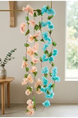 BAKBURAYA YAPAY ÇİÇEKÇİLİK 1 adet mavi 1adet somon sakura 2adet 2 metre sarkan sarmasik ev dekor masa süsü