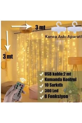 BAKBURAYA YAPAY ÇİÇEKÇİLİK Perde LED Işık 300 LED 10 Sarkıt 8 Modlu Uzaktan Kumandalı 3x3 Metre Peri Telli LW7