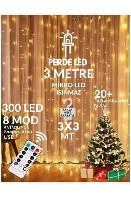 YASİMA 300 Ledli 10 Sarkıtlı Uzaktan Kumandalı 8 Fonk Sarı Perde Led 3x3m Askı Aparatlı Usb Girişli