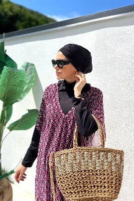 Remsa Tesettür Mayo Üzerine Desenli Tek Kaftan Pareo 430-306 Fuşya