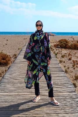 Remsa Tesettür Mayo Üzerine Tek Kaftan Kimono Pareo RP004C Yeşil Tavus Kuşu